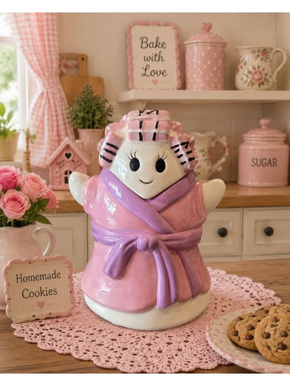 New Halloween Pink Grandma Ghost In Curlers & Bathrobe Cookie Jar Kitchen